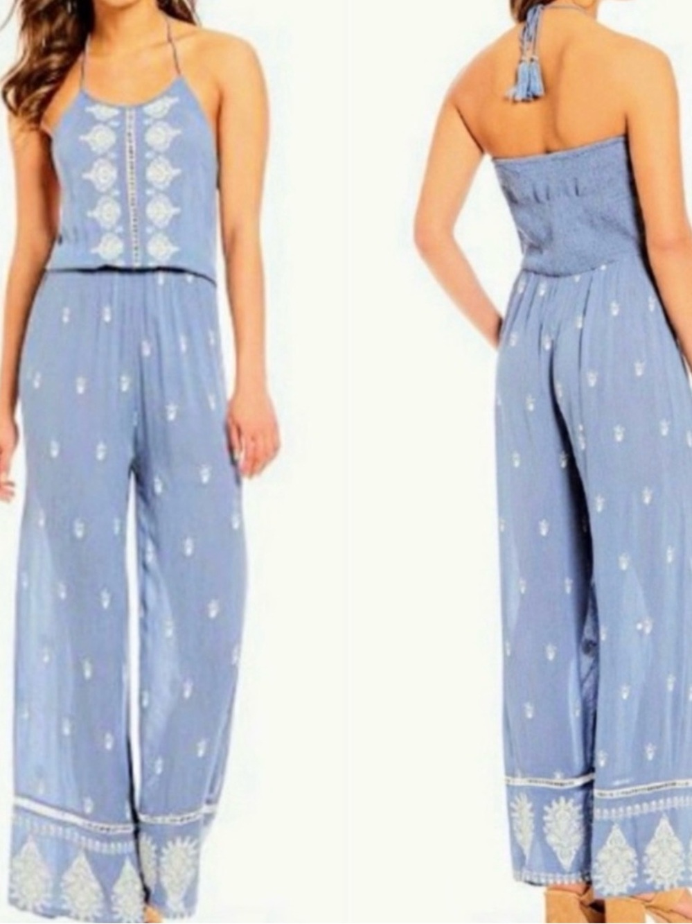 NWOT Chelsea & Violet Light Blue Embroidered Halter Jumpsuit
